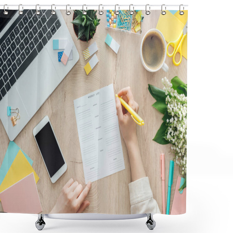 Personality  Cropped View Of Woman Holding Pen On Weekly List, Working On Wooden Table With Cup Of Coffee, Stationery, Laptop And Flowers  Shower Curtains