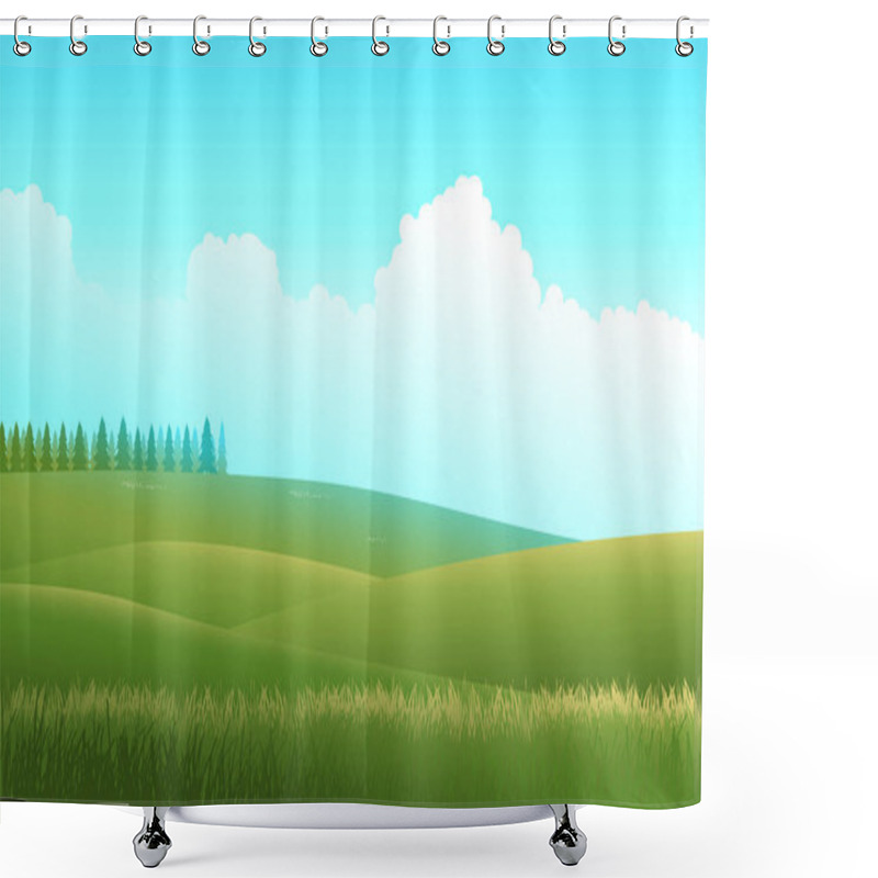 Personality  Vector Illustration Of A Peaceful Meadow. A Tranquil Landscape Embraced By Nature's Beauty, Ideal For Adding Serenity And Freshness To Your Creative Projects Shower Curtains