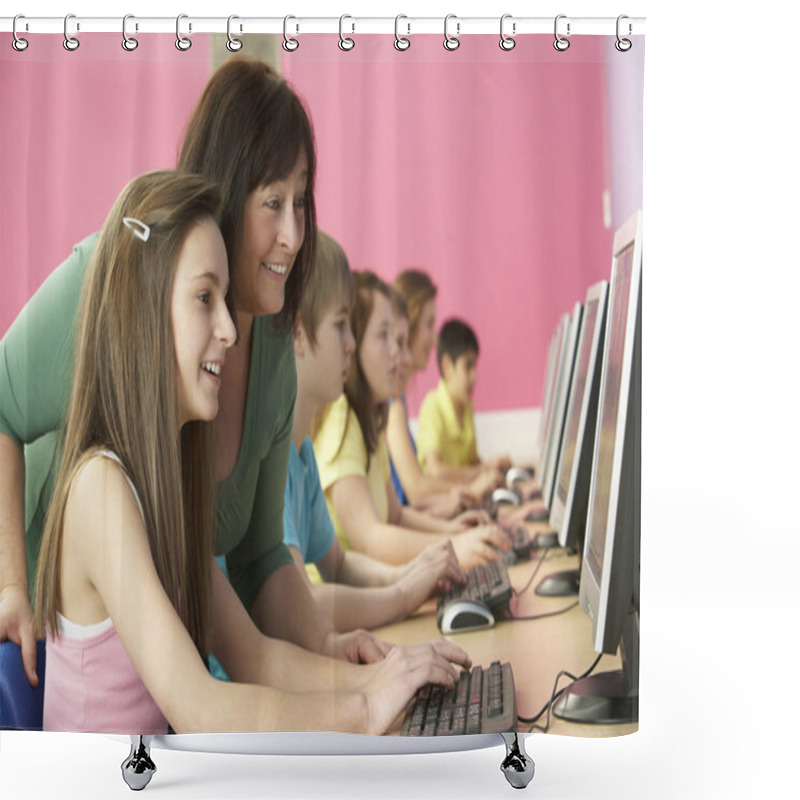 Personality  Teenage Students In IT Class Using Computers With Tutor Shower Curtains