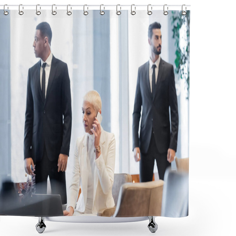 Personality  Mature Businesswoman Calling On Smartphone Near Laptop And Interracial Guards In Hotel Shower Curtains