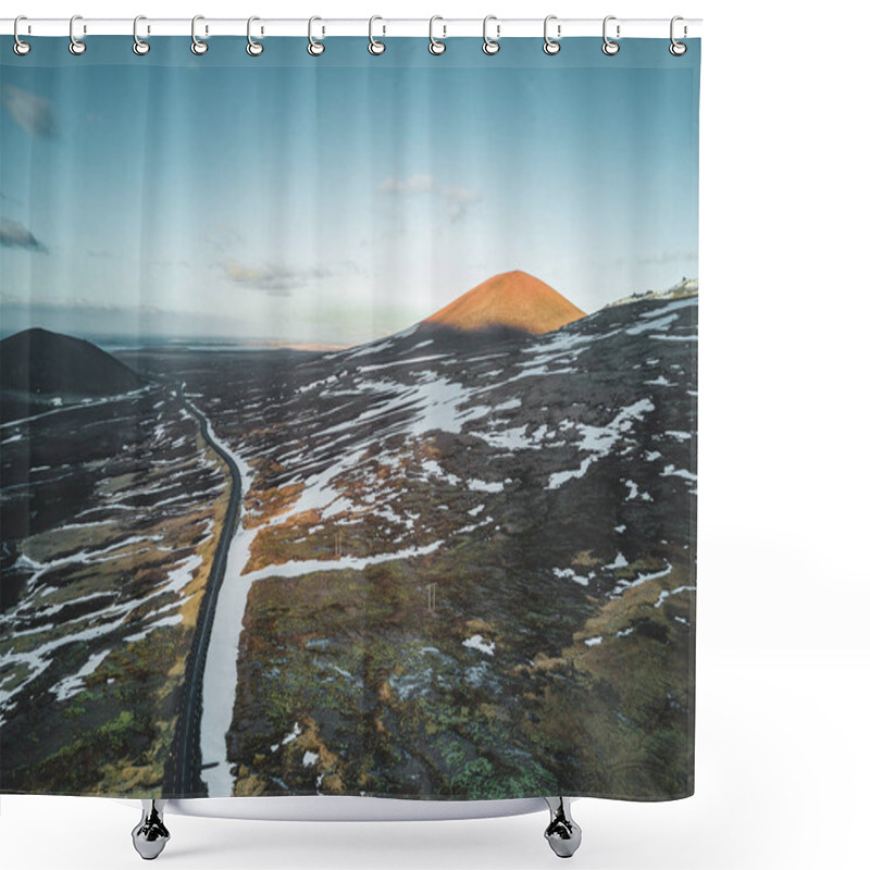 Personality  Aerial Drone Photo Of A Empty Lake And Street Highway 1 With A Huge Volcanic Mountain Snaefellsjokull In The Distance, Reykjavik, Iceland. Shower Curtains