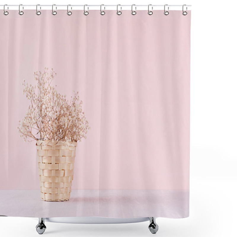 Personality  Small White Dried Flowers In Beige Wicker Basket On Soft Pink Pastel Background. Fresh Light Gentle Background. Shower Curtains