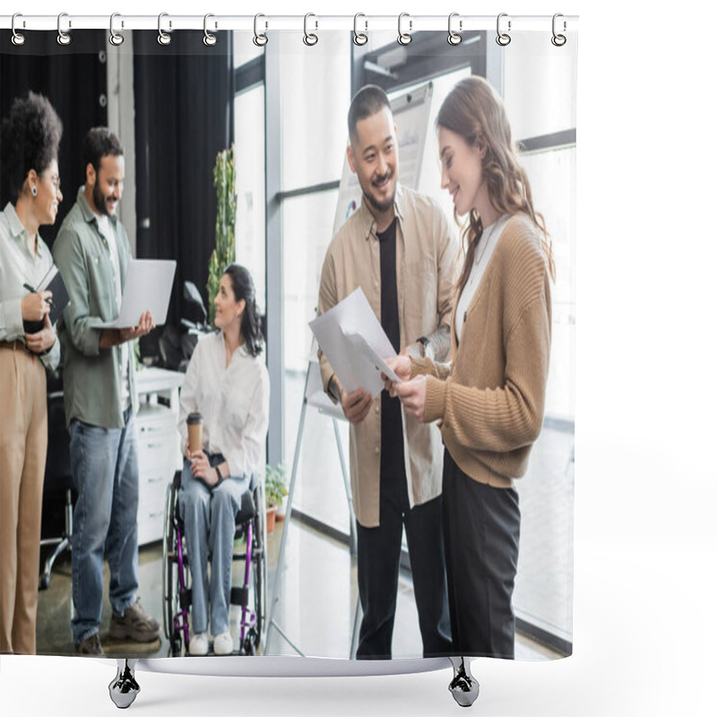 Personality  Diversity And Inclusion, Happy Asian Man Communicating With Woman Near Disabled Female Coworker Shower Curtains