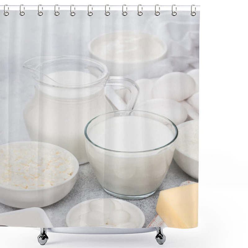 Personality  Fresh Dairy Products On White Table Background. Jar And Glass Of Milk, Bowl Of Sour Cream, Cottage Cheese And Baking Flour And Mozzarella. Eggs And Cheese.  Shower Curtains