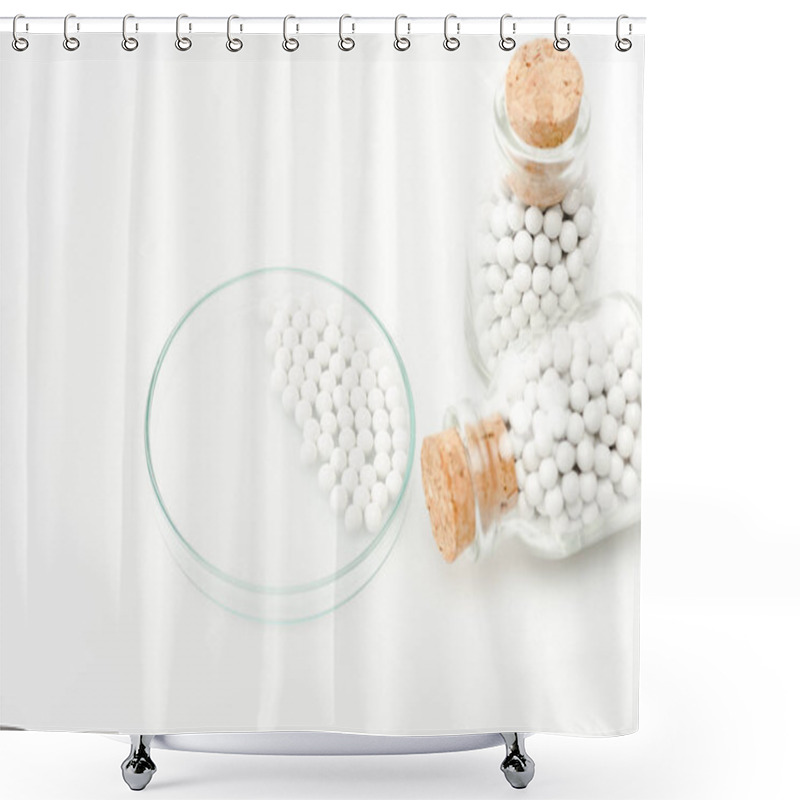 Personality  Selective Focus Of Round Small Pills In Glass Petri Dish Near Bottles With Wooden Corks Isolated On White  Shower Curtains