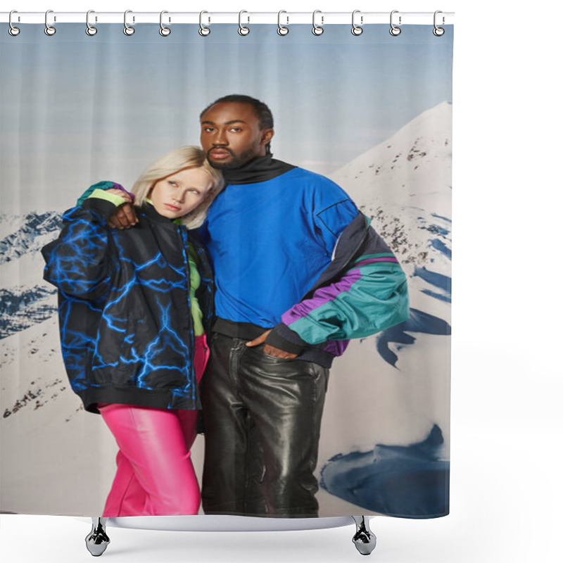 Personality  Beautiful Young Couple In Warm Outfits Hugging Lovingly With Mountain Backdrop, Winter Concept Shower Curtains