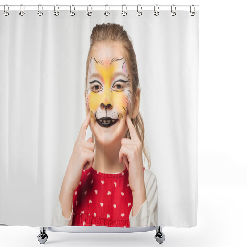 Personality  Cheerful Child With Tiger Muzzle Painting On Face Touching Face With Fingers Isolated On White Shower Curtains