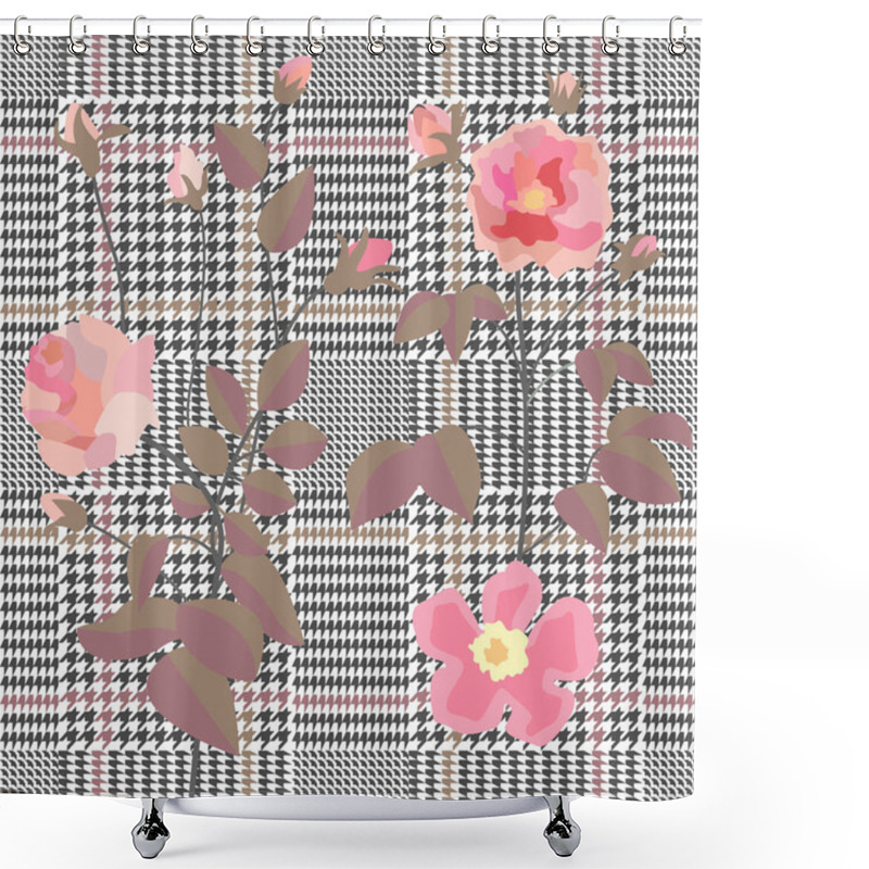 Personality  Trendy Checkered  Print With Embroidered Roses. Seamless Hounds Tooth Pattern With English Motifs.   Shower Curtains