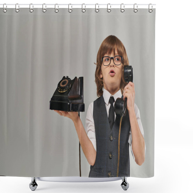 Personality  Cute Boy In Glasses And Elegant Vest Talking On Retro Telephone On Grey Background, Nostalgia Shower Curtains