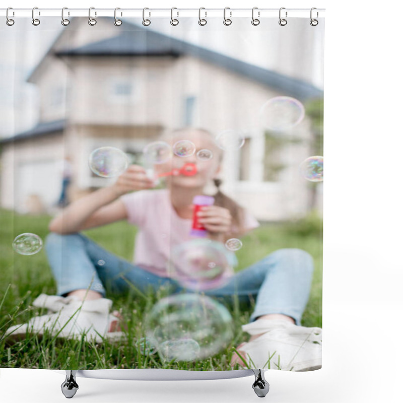 Personality  Little Child With Soap Bubbles Sitting On Lawn While Her Mother Standing Behind In Front Of House  Shower Curtains