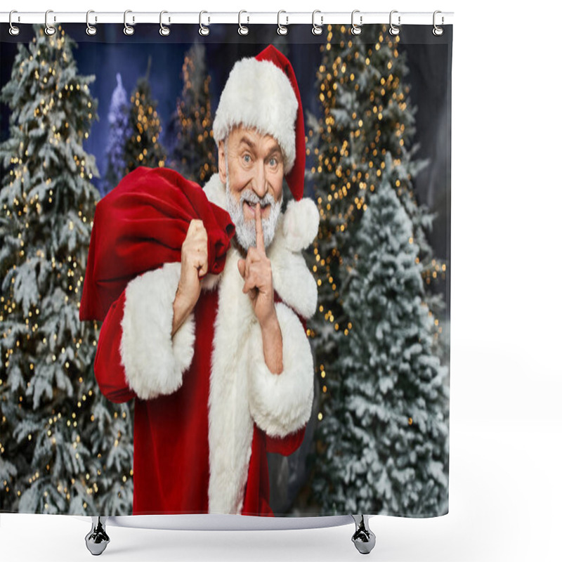 Personality  Santa Claus Playfully Gestures For Silence While Holding A Sack Amidst Twinkling Trees. Shower Curtains