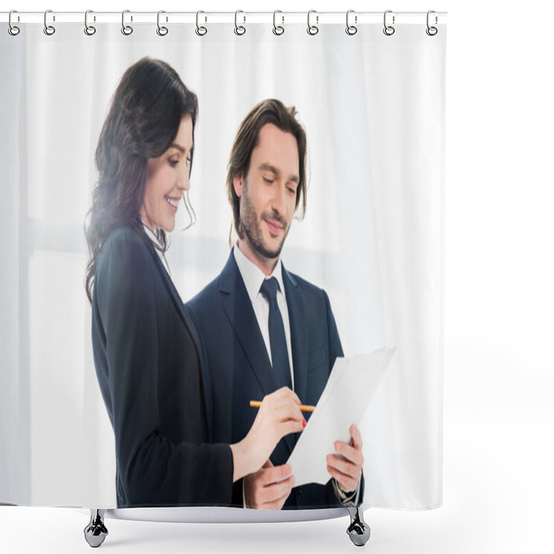 Personality  Low Angle View Of Cheerful Woman Standing Near Coworker And Looking At Paper  Shower Curtains