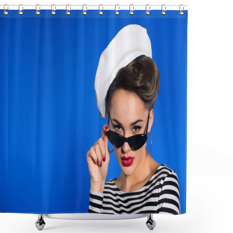 Personality  Portrait Of Stylish Woman In Retro Clothing And Sunglasses Isolated On Blue Shower Curtains