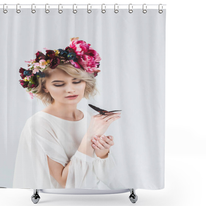 Personality  Attractive Woman Posing In Flower Wreath With Butterfly On Hands, Isolated On Grey Shower Curtains