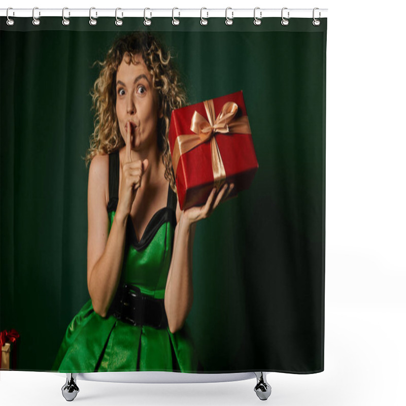 Personality  Pretty Elf Posing In Green Dress With Present In Hands On Green Backdrop Showing Silence Gesture Shower Curtains