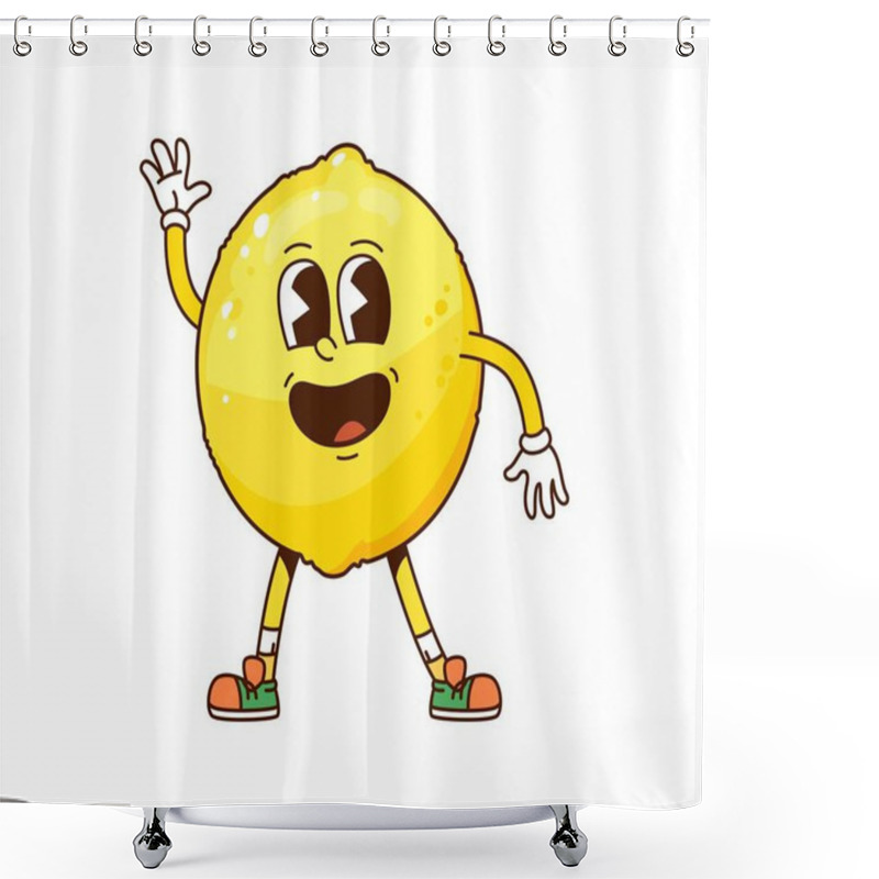 Personality  Cartoon Funny Groovy Lemon Fruit Character Smiling. Vector Playful Exotic Yuzu Citrus Fruit, Healthy Tropical Food Personage With Lively Expression Exuding Freshness And Fun With Retro Hippie Vibe Shower Curtains