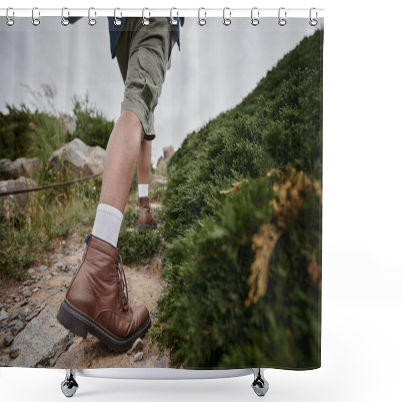 Personality  Wild Nature, Cropped View Of Hiker Walking In Brown Boots With White Socks, Adventure, Traveler Shower Curtains