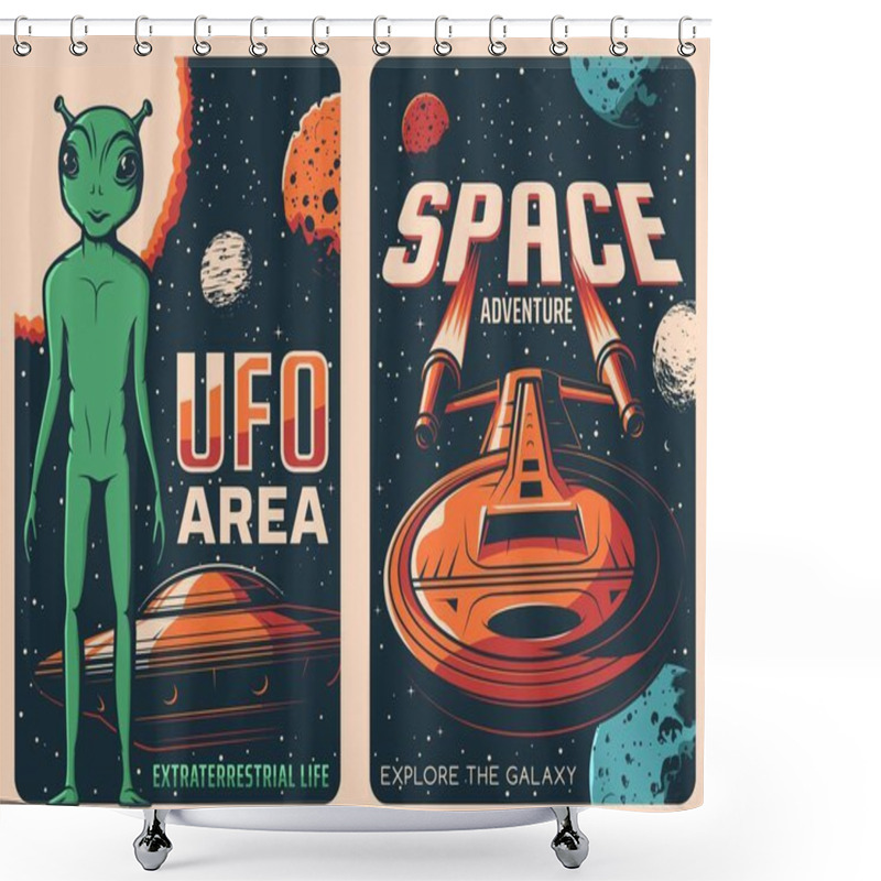 Personality  UFO Area And Spaceship Retro Posters. Alien Life, Space Exploration Adventure And Galaxy Travel Sci-Fi Poster, Vector Vintage Banner With Extraterrestrial Creature, Flying Saucer And Future Spacecraft Shower Curtains