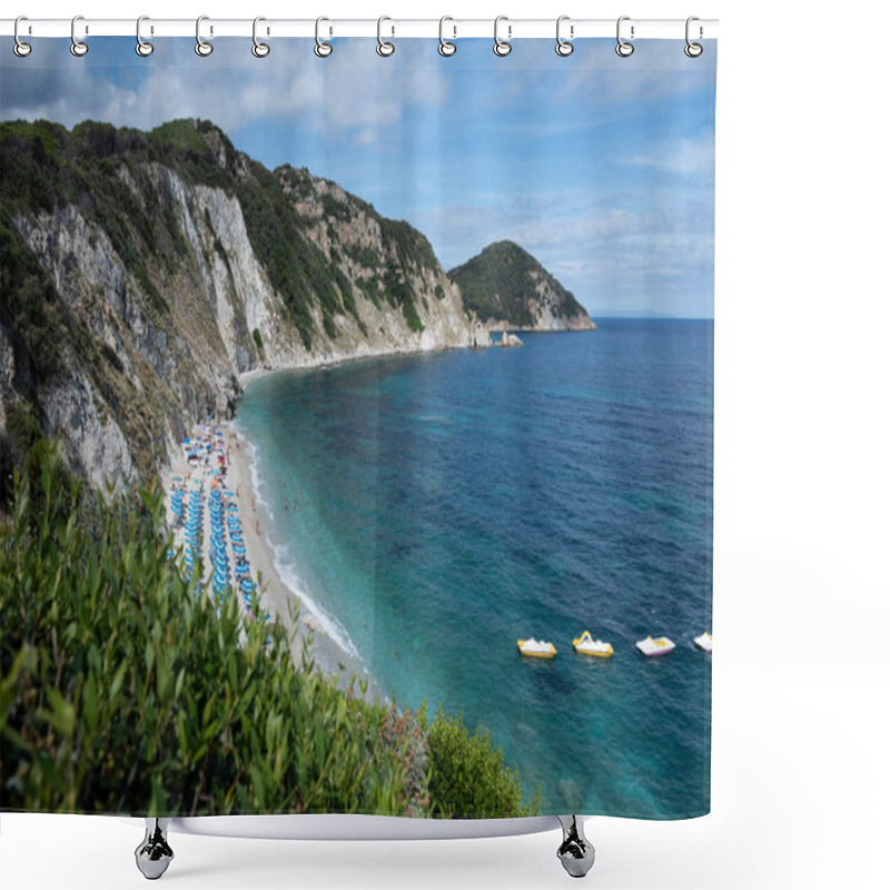 Personality  Sansone Beach At The Elba Island In Summer, With Sunbeds And Sun Umbrella With Bathers At The Seashore And Yellow Paddle Boards Shower Curtains