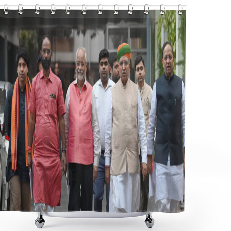 Personality  NEW DELHI INDIA NOVEMBER 11 2024 BJP Delegation Comprising Arjun Ram Meghwal Arun Singh Om Pathak Sanjay Mayukh And Shehzad Poonawalla Leaves After Meeting With Election Commission Of India ECI At Nirvachan Sadan On November 11 2024 In New Delhi Indi Shower Curtains