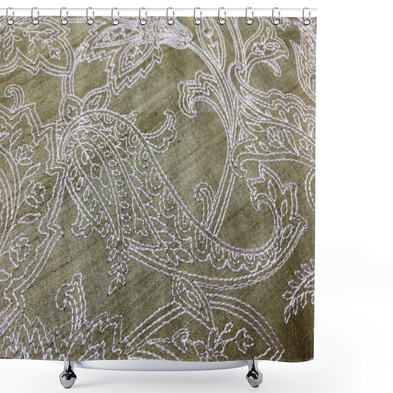 Personality   Intricate White Thread Outline Embroidery Forming A Paisley Pattern On Rich Green Raw Silk Fabric.  Shower Curtains