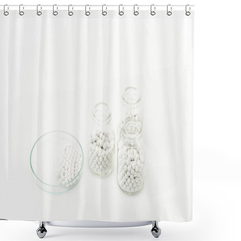 Personality  Bottles With Pills Near Glass Plate Isolated On White  Shower Curtains