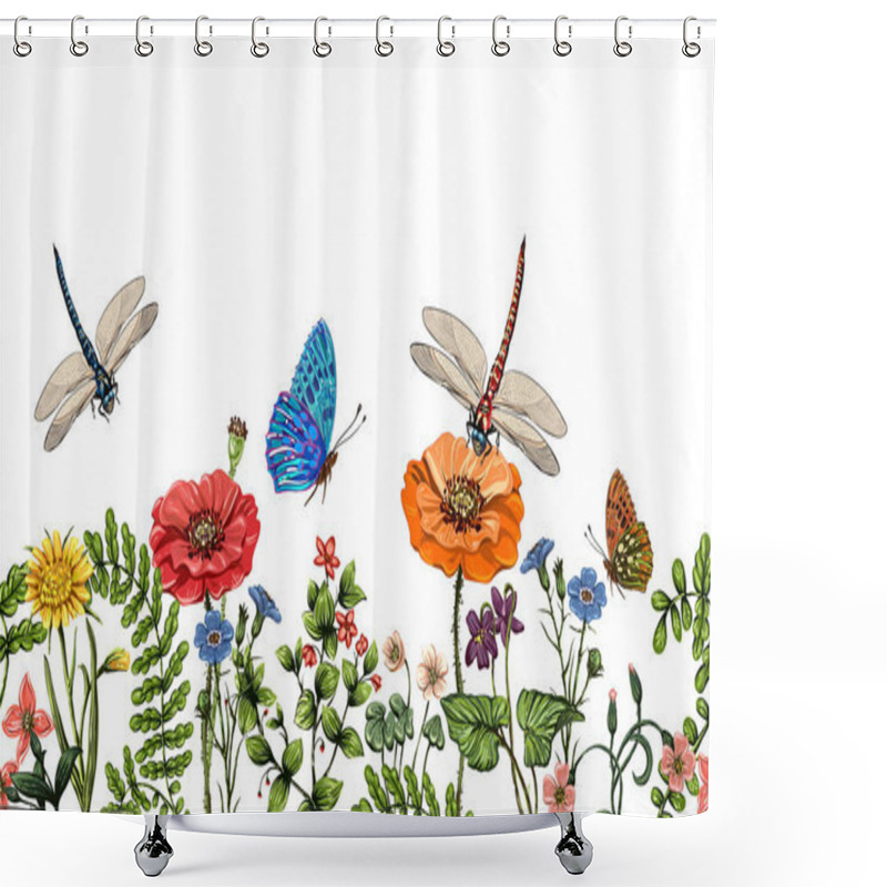 Personality  Vector Vertical Border With Dragonflies, Butterflies, Flowers, Grass And Plants. Summer Style. Seamless Nature Border, Floral Background. Vector Horizontal Banner With Colorful Plants And Insects Shower Curtains