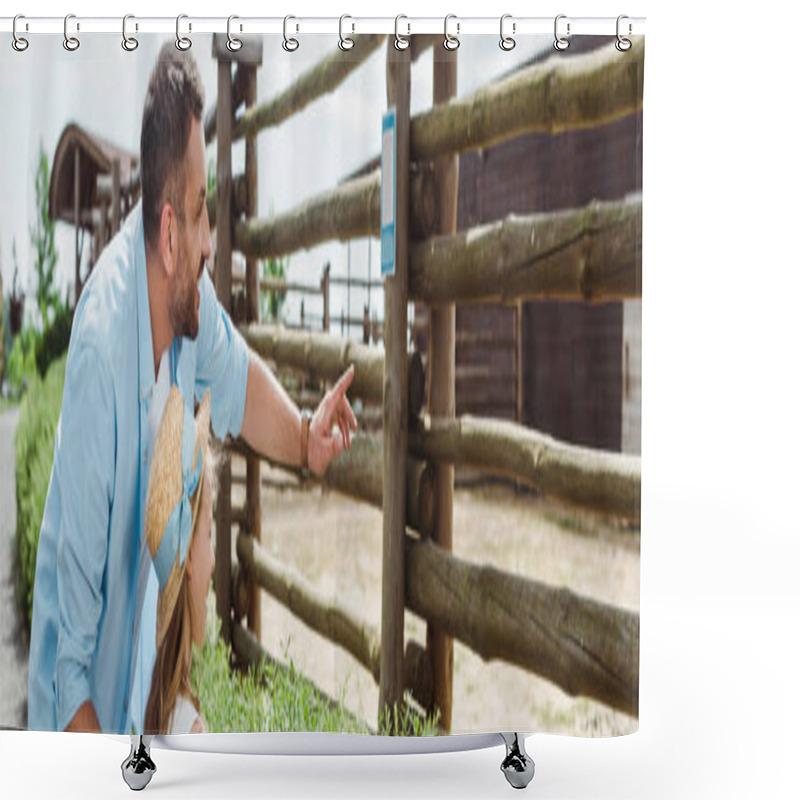 Personality  Panoramic Shot Of Happy Man Pointing With Finger Near Daughter In Straw Hat While Standing In Zoo  Shower Curtains