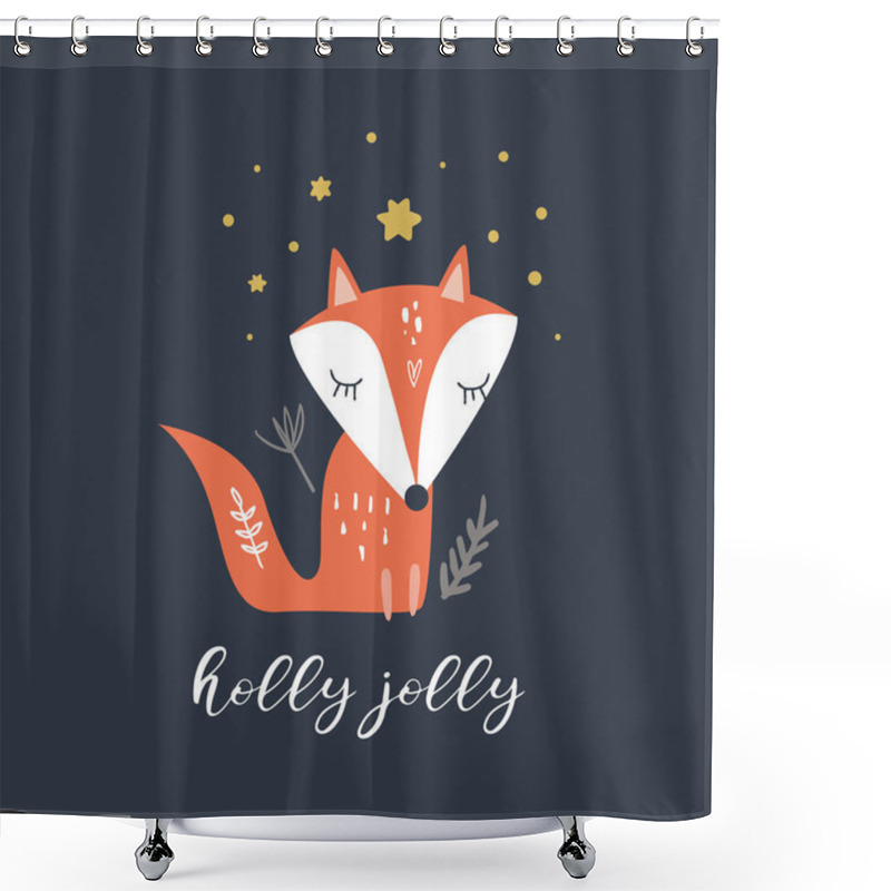 Personality  Merry Christmas, Noel. Vector Cute Winter Girl Baby Little Fox, Floral Elements. Nursery Holiday Illustration. It Can Be Used For Wall Art, Greeting Card, Poster, Kids Apparel Shower Curtains