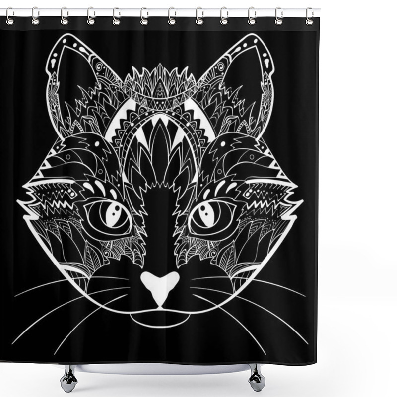 Personality  Hand Drawn Ornate Doodle Graphic Black And White Cat Face. Vector Illustration For T-shirts Design, Tattoo, And Other Things Shower Curtains