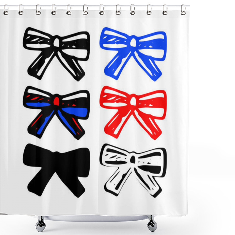 Personality  Vector Bow Tie Made Of A Striped Ribbon Of Red, White And Blue Color, Tied With A Bow. Hand-drawn Set Of Isolated Striped Bows, Black Outline And Silhouette, Red And Blue On White Background For Design Template Shower Curtains