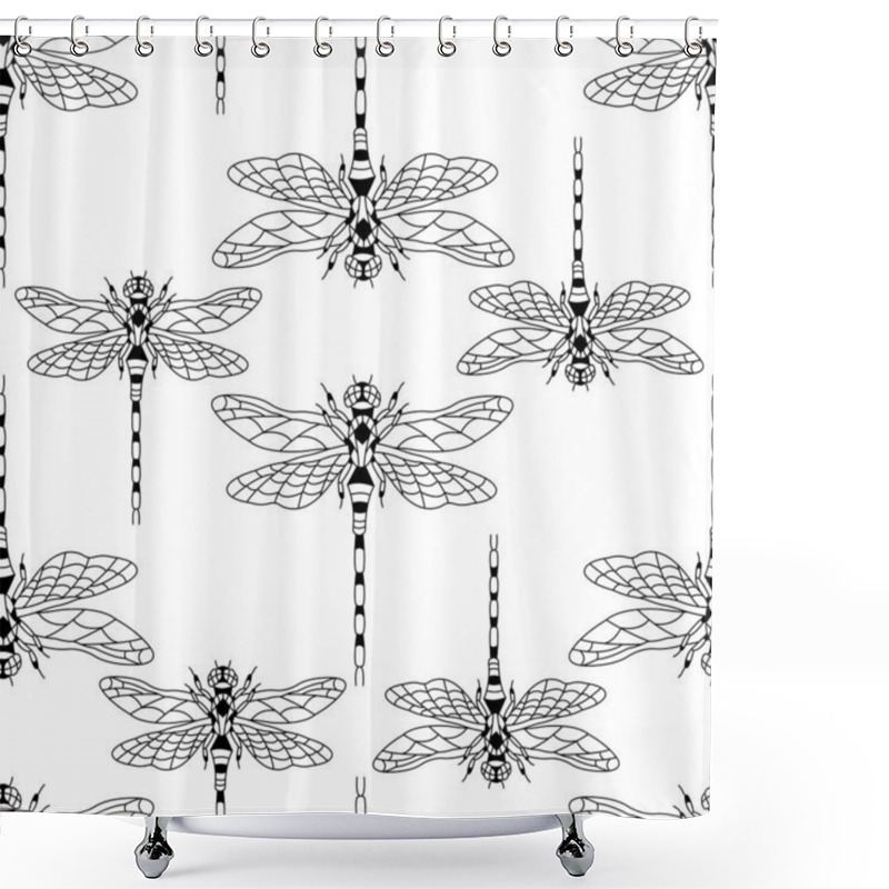 Personality  Seamless Pattern With Black Dragonfly Silhouettes On A White Background. The Design Is Suitable For Wallpapers, Textiles, Bedding, T-shirt Printing, Clothing, Product Packaging. Vector Isolated Shower Curtains