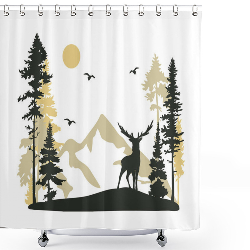 Personality  Deer In The Forest, Mountain Landscape Vector Shower Curtains