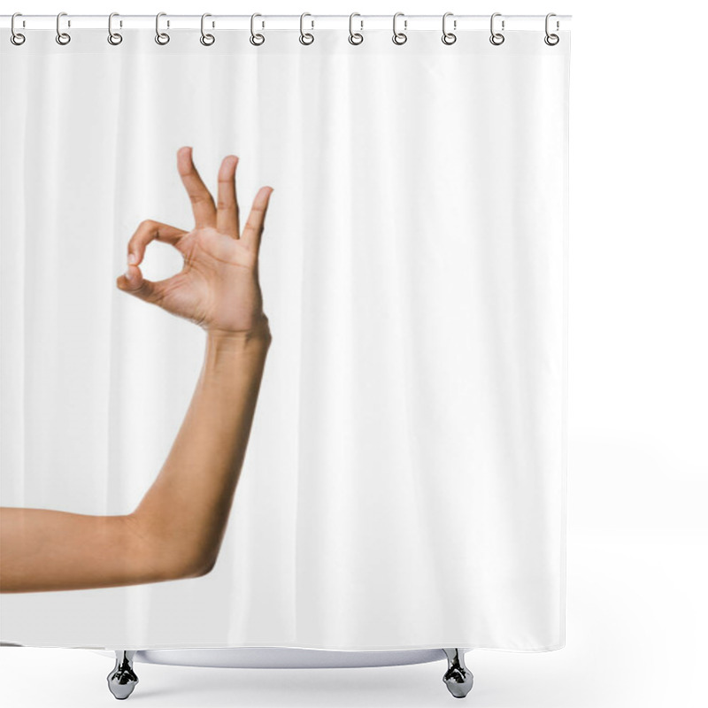 Personality  Cropped View Of African American Woman Showing Ok Sign Isolated On White  Shower Curtains