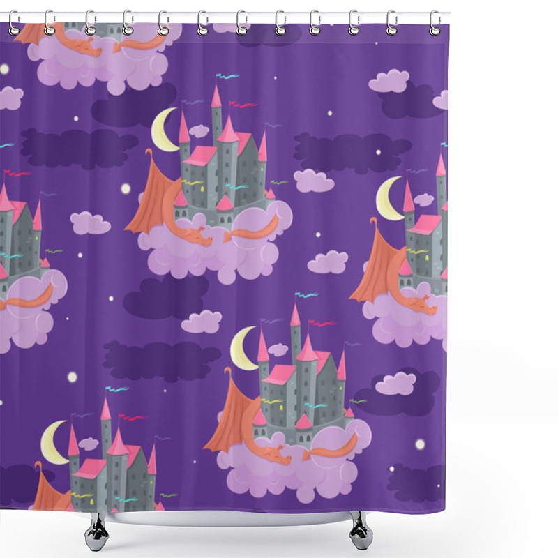 Personality  Seamless Pattern With Childish Illustration Of A Castle With A Sleeping Dragon. Vector Graphics. Shower Curtains