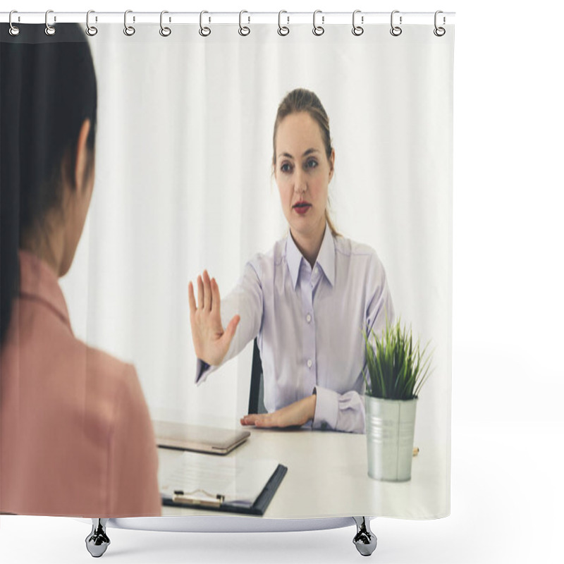 Personality  Two Young Business Women In Meeting At Office Table For Job Application And Business Agreement. Recruitment And Human Resources Concept. Shower Curtains