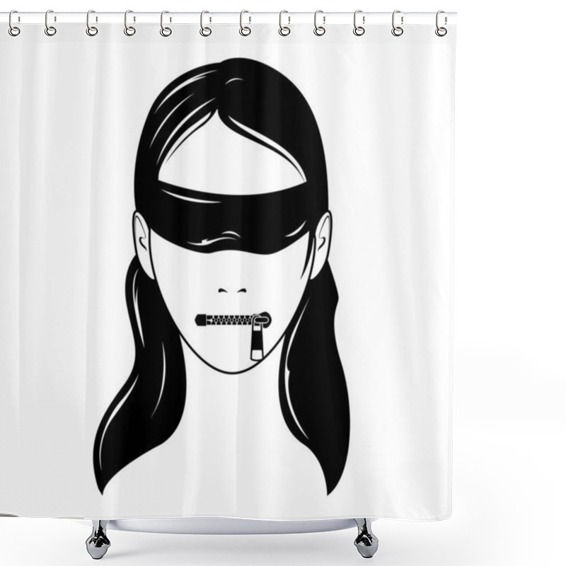 Personality  Face Of Woman With Blindfold And Closed Zip Fastener Instead Of Lips, Censorship And Secret, Keep Silence, Vector Shower Curtains