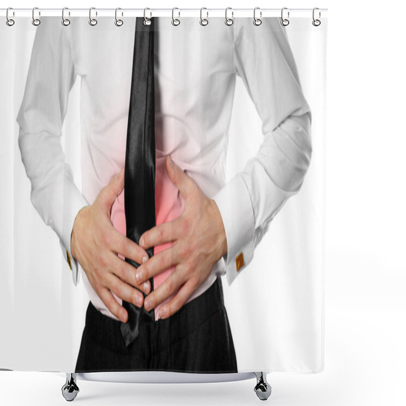 Personality  Businessman In A White Shirt And Tie Holding His Stomach. Abdominal Pain. Isolated Background. Shower Curtains