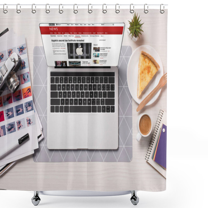 Personality  Office Desk With Laptop And Bbc News Website On Screen, Flat Lay Shower Curtains