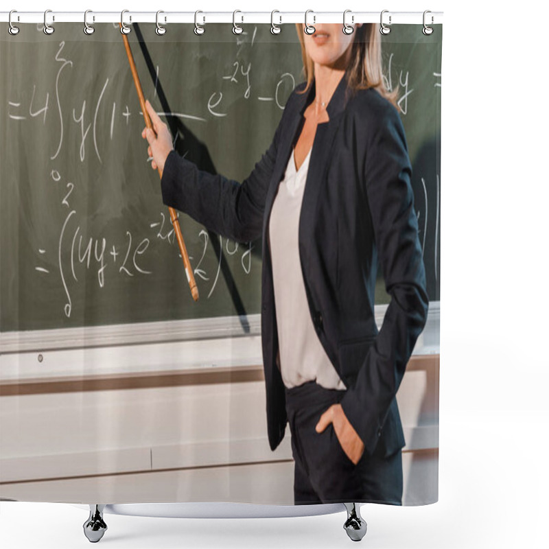 Personality  Cropped View Of Female Teacher With Wooden Pointer Explaining Mathematical Equations In Classroom Shower Curtains