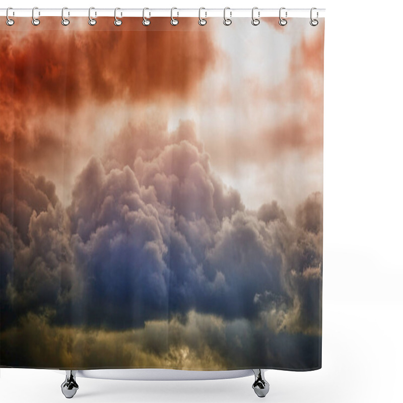 Personality  Pink And Warm Sunlight On Blue Cumulus Clouds In The Sky, Multicolored Clouds In The Sky Close-up Shower Curtains