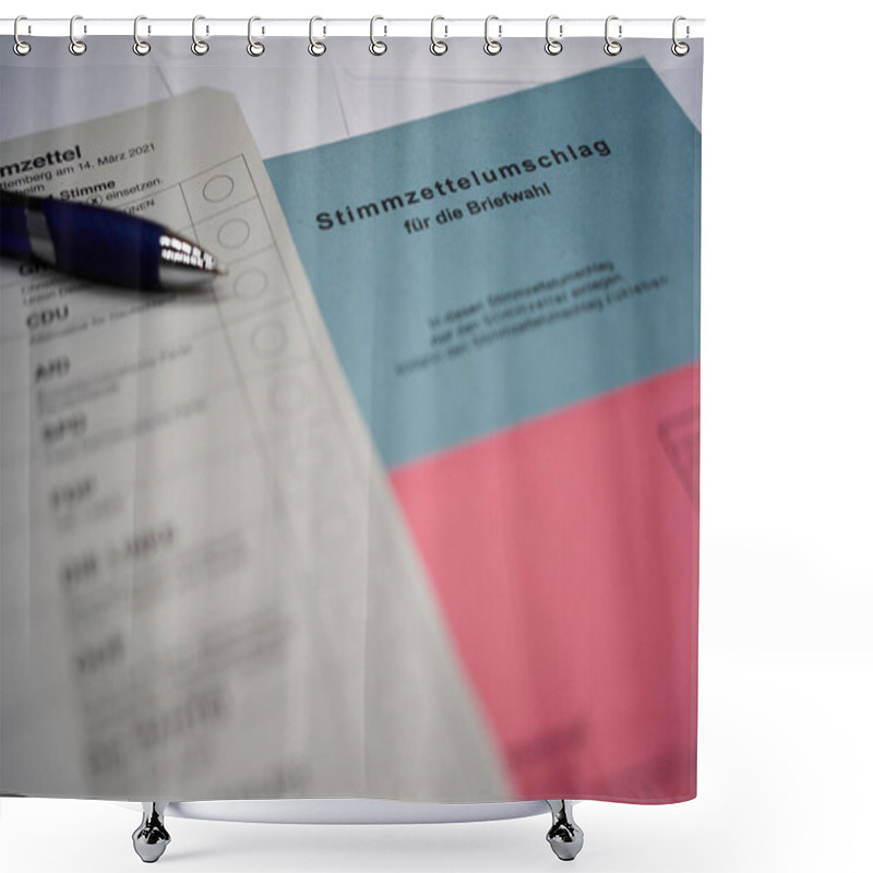 Personality  German Voting Ballot With A Blue Pen. ( Translation Of German Word Briefwahl: Postal Vote ). Envelope, Symbolizing Postal Voting In Democracies. Shower Curtains