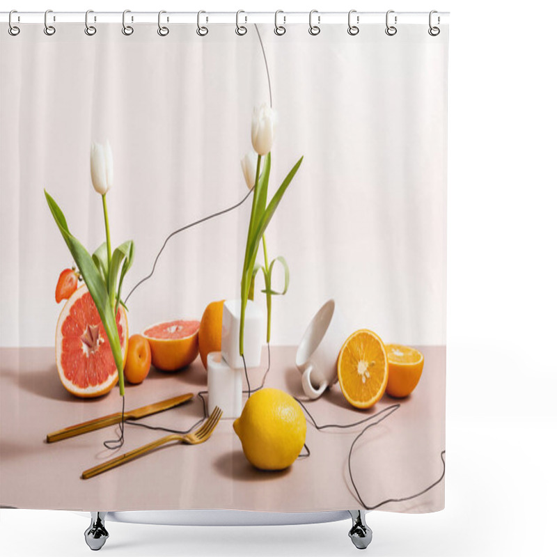 Personality  Floral And Fruit Composition With Tulips, Fruits, Cutlery Isolated On Beige Shower Curtains