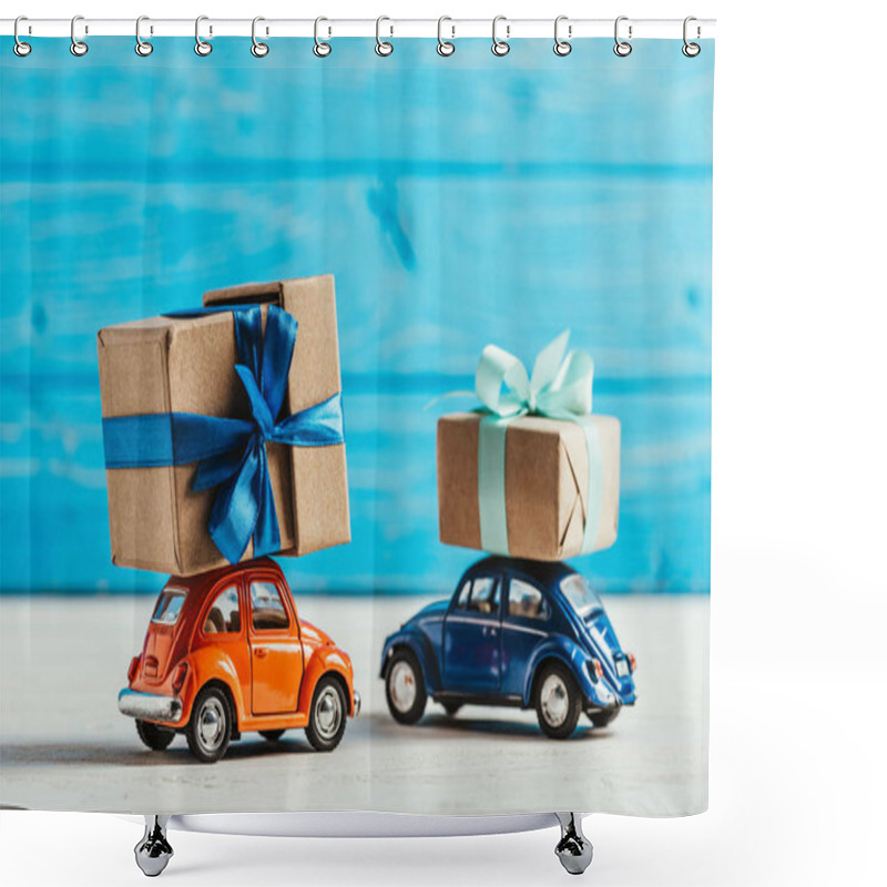 Personality  Close-up Shot Of Toy Cars With Gift Boxes On Blue Wooden Background Shower Curtains