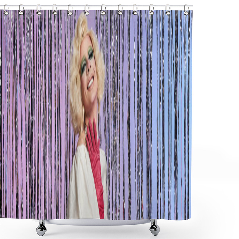 Personality  A Vibrant Drag Performer Poses Confidently In Vivid Attire, Exuding Charm And Energy. Shower Curtains