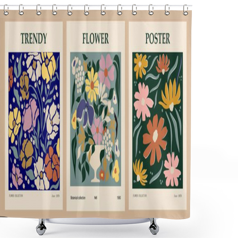 Personality  Set Of Abstract Flower Posters. Trendy Botanical Wall Arts With Floral Design In Earth Tone Colors. Modern Naive Groovy Funky Interior Decorations, Paintings. Vector Art Illustration. Shower Curtains