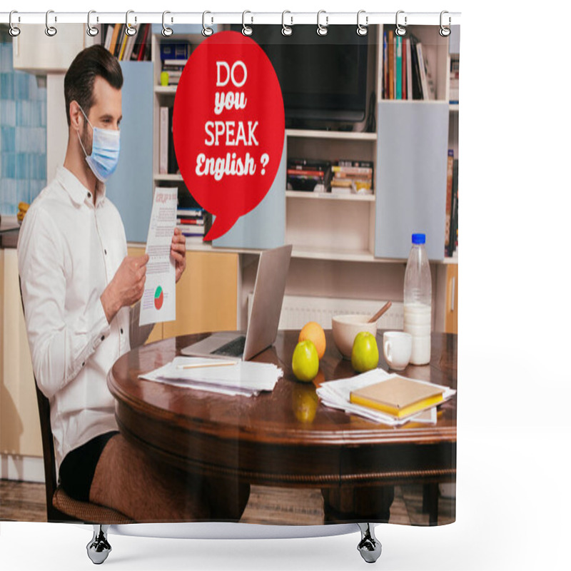 Personality  Freelancer In Medical Mask, Shirt And Panties Holding Document While Having Video Chat On Laptop Near Breakfast On Table, Do You Speak English Illustration Shower Curtains