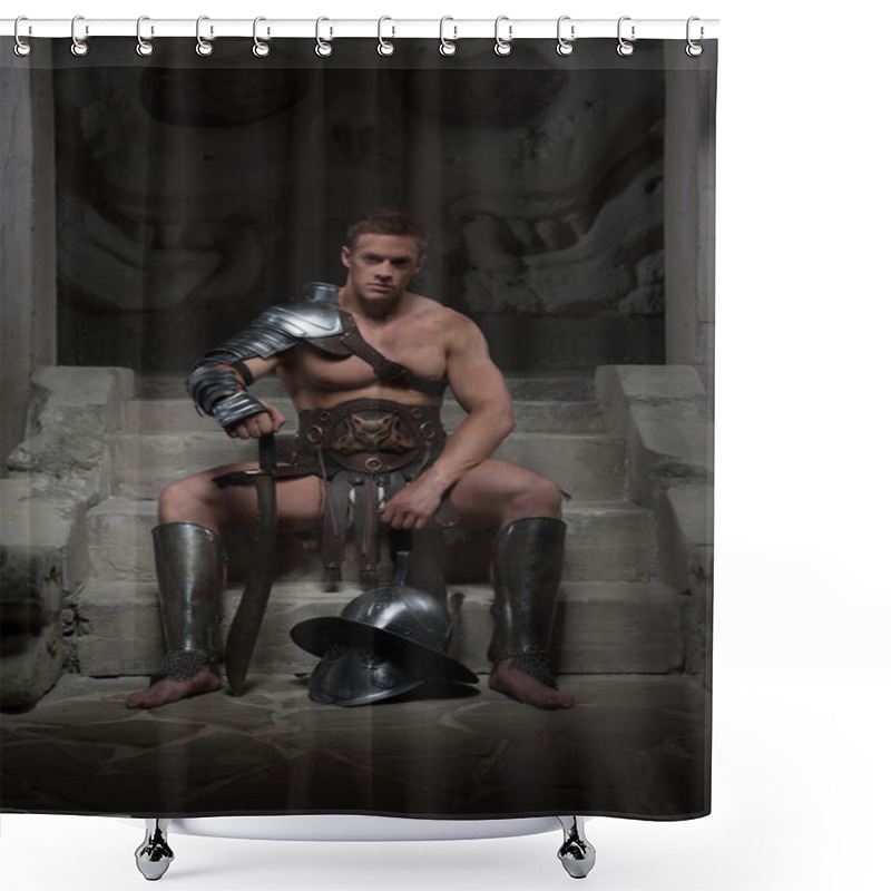 Personality  Gladiator In Armour Sitting On Steps Of Ancient Temple With Helm Shower Curtains