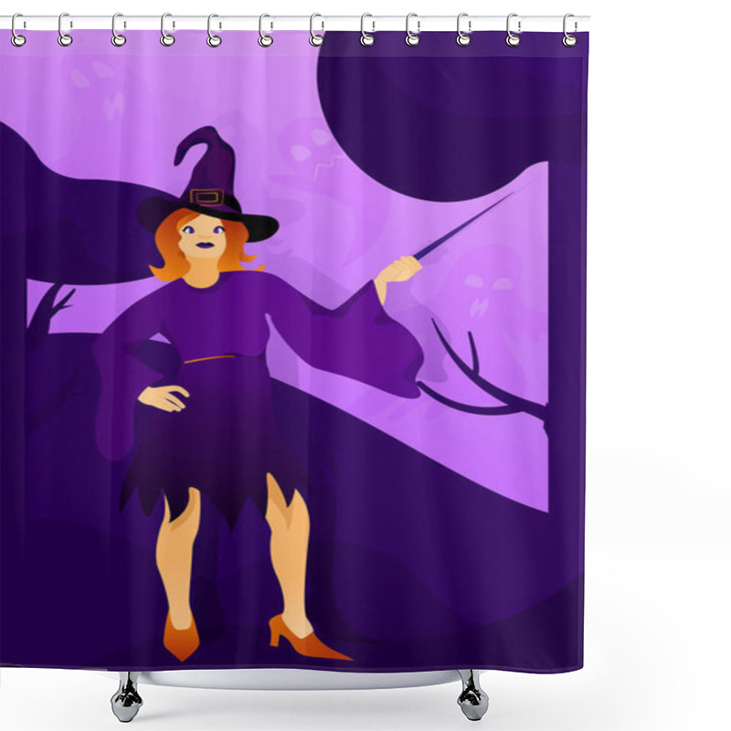 Personality  Halloween Holiday Greeting Card. Young Witch Conjures In The Woods. Shower Curtains