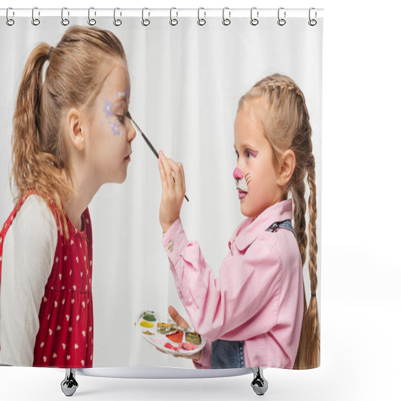 Personality  Cute Kid With Painted Cat Muzzle Painting Floral Pattern On Face Of Friend Isolated On White Shower Curtains